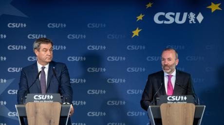 Markus Söder (l), CSU-Vorsitzender, und Manfred Weber, Vorsitzender der Europäischen Volkspartei.