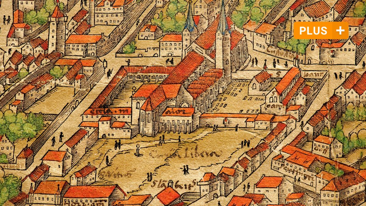 Augsburg: Historischer Stadtplan: Augsburg im Jahr 1521 in Miniatur