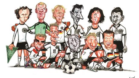 Falls Sie sie nicht erkannt haben sollten: Beckenbauer, Neuer, Brehme, Fritz Walter, Gerd Müller, Rahn (obere Reihe von links) sowie Lahm, Klose, Seeler, Schweinsteiger und Matthäus.