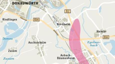 Die Ausbreitung des belasteten Grundwassers laut Gutachten (hellrosa). Quelle ist das Firmengelände von AGCO Fendt (pink).  