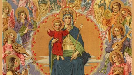 Dieses Ende des 19. Jahrhunderts in Maria Einsiedeln entstandene Bild zeigt die in den Himmel aufgenommene Gottesmutter Maria als umjubelte Himmelskönigin mit dem Jesuskind. 